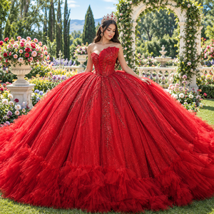Robe de bal en satin rouge scintillant, ornée de paillettes, de perles et d'appliques florales 3D, avec plis naturels, traîne chapelle, antistatique et décolleté cœur. - Product Image 1