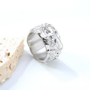 18K Gold Plated Stainless Steel <b>Ring</b> Lava-Inlaid <b>Pearl</b> Irregularly Thick Band for Wedding Wide Band Hammered Signet <b>Ring</b> - Product Image 5