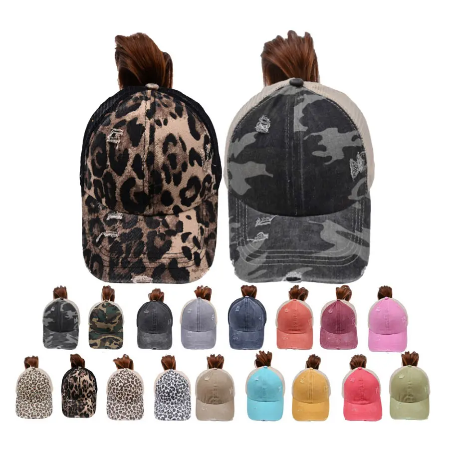 CrissCross Trucker cappelli alti cappelli donna cotone Leopard cappelli coda di cavallo Distressed lavato maglia posteriore Sport coda di cavallo berretto da Baseball