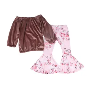 Vêtements d'hiver pour petite fille de 13 ans, chemises en velours, pantalon à cloche, modèle floral, 2 pièces, nouvelle collection