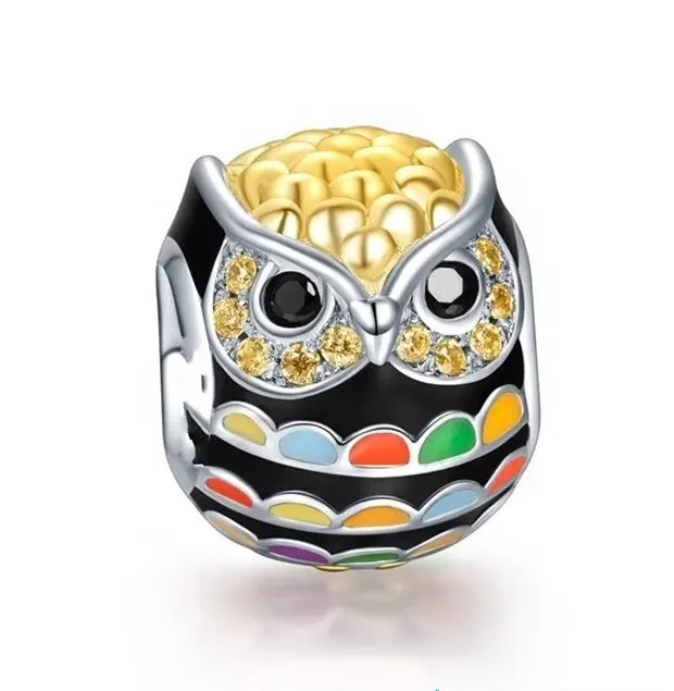 Custom fashion jewelry sterling silver 925 colorful enamel owl charm with zircon beads wholesale