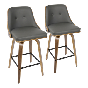 Modern Scandinavian Adjustable Counter <b>Stool</b> in Walnut Wood with Grey Faux Leather for <b>Dining</b> Commercial Use Set of 2 - Product Image 1