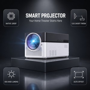 Projecteur intelligent pour home cinéma, projecteur natif 1080P à ultra courte focale, rapport 0,6:1, 900 lumens ANSI, Android 14, WiFi 6, correction automatique de l'offset - Product Image 1