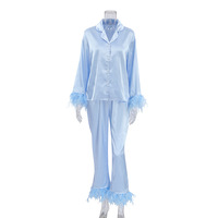 Kustom Moq rendah pakaian lengan panjang wanita nyaman Satin sutra pakaian tidur piyama Pjs Set piyama dengan bulu burung unta
