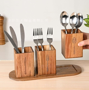 Organisateur de comptoir de cuisine en bois d'acacia, porte-<span class=keywords><strong>couverts</strong></span> à 3 compartiments avec plateau, ensemble de rangement pour ustensiles en bois - Product Image 2