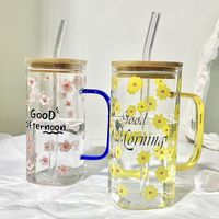 Gobelet à thé au lait en verre borosilicate imprimé avec couvercle, isolation sous vide, paroi épaissie, résistance aux hautes températures, design minimaliste