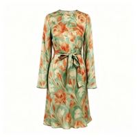 Robe midi légère à manches longues pour femme, style resort, imprimé floral tropical, tissu 100% viscose brillante, coupe biais et ceinture à nouer