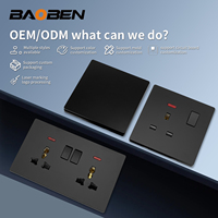 BAOBEN Panel Soket Sakelar Hitam Matte Ultra-Tipis Tipe 86, Rumah Tangga 16A Satu Tombol Kontrol Ganda 5 Lubang Dengan Lampu Neon