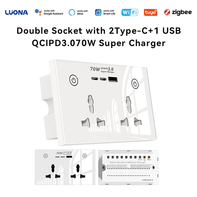 Smart WiFi Wall Socket 70W Super Fast Charger Dual Type-C + USB Port Tuya Smart Life Remote Timing Control Socket