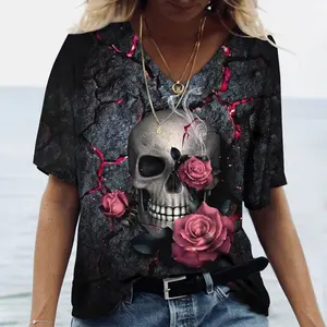 Nouveau T-shirt imprimé à manches courtes en laine respirante 3D avec motif de crâne gothique d'horreur d'été pour femmes et enfants, hauts tendance pour filles, tee-shirt cool - Product Image 1
