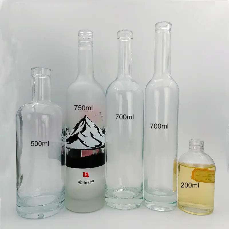 Fabrication de bouteilles de spiritueux personnalisées de 200ml 375ml 500ml 750ml 1000ml Bouteille de vodka ronde en verre