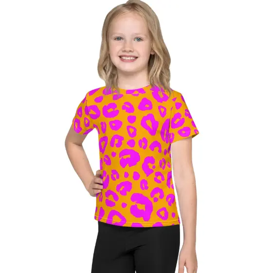 Camiseta con estampado de leopardo a pedido para niños, Camiseta con estampado de animales de guepardo, Camiseta de cuello redondo de moda estética rosa para niños pequeños, camiseta de regalo