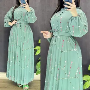 OEM Custom Elegant Floral Shirt Dress Ladies Long Puff Sleeve Button Pleated Mxi Dress With Belt Spring Dresses Women 2024