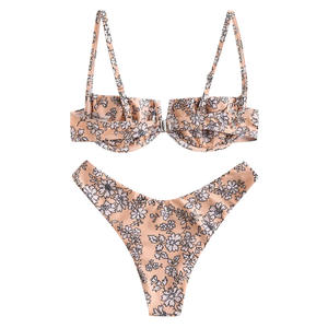 Бикини с высоким вырезом, женский фиолетовый купальник на косточках с цветочным принтом, бразильские летние купальники, купальный костюм, стринги, микро купальники - Product Image 5