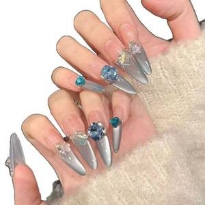 Uñas Postizas Qianya Blue <span class=keywords><strong>Sea</strong></span> <span class=keywords><strong>Salt</strong></span> Cat Eye - Uñas Postizas con Purpurina Hechas a Mano con Diamantes Triturados, Largas y Delgadas, Juego de 10 Piezas, Iluminadoras - Product Image 3