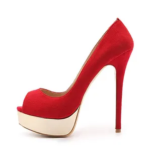 Factory Wholesale Large Size Ladies Elegant Peep Toe Red Suede Party Platform Stiletto High Heels Pumps