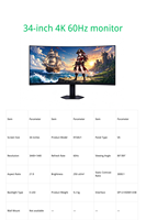 Monitor Komputer LED Hitam VA HDR 4K60Hz 34 Inci Baru, Waktu Respons 5ms, Ketinggian Dapat Disesuaikan, Dudukan Putar, Dual DP/Port, Bisnis