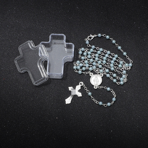 Collier chapelet 59 perles imitation perle 4mm avec pendentif croix en alliage et boîte transparente en forme de croix, bijoux religieux catholiques <span class=keywords><strong>pour</strong></span> la <span class=keywords><strong>prière</strong></span> - Product Image 3