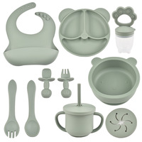 Bavoir en silicone pour bébé en gros, ensemble d'ustensiles d'alimentation pour bébé en silicone, cuillère et fourchette souples, distributeur de fruits, bavoir/assiette/bol sans BPA