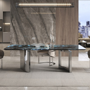 Mesa de Comedor Rectangular de Diseño con Cubierta de Mármol Azul y Negro, Base de Acero Inoxidable, para 8-10 Personas, Muebles para Restaurante, Hotel, Villa - Product Image 1