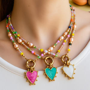 Fashion Women Gold Plated Pendant Necklace Stainless Steel Pearl Beaded <strong>Heart</strong> Choker Necklace Jewelry - Product Image 1