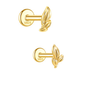 1.2x6mm Flat Back <b>Piercing</b> 18K <b>Gold</b> Plated 925 Sterling Silver Smooth Leaf Vein Wave Plant Piercings Earrings for Women Jewelry - Product Image 1