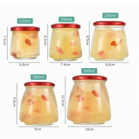 Conteneur de stockage pour desserts, 200 ml, bocaux en verre coniques à nervures verticales, avec couvercles à vis en métal rouge