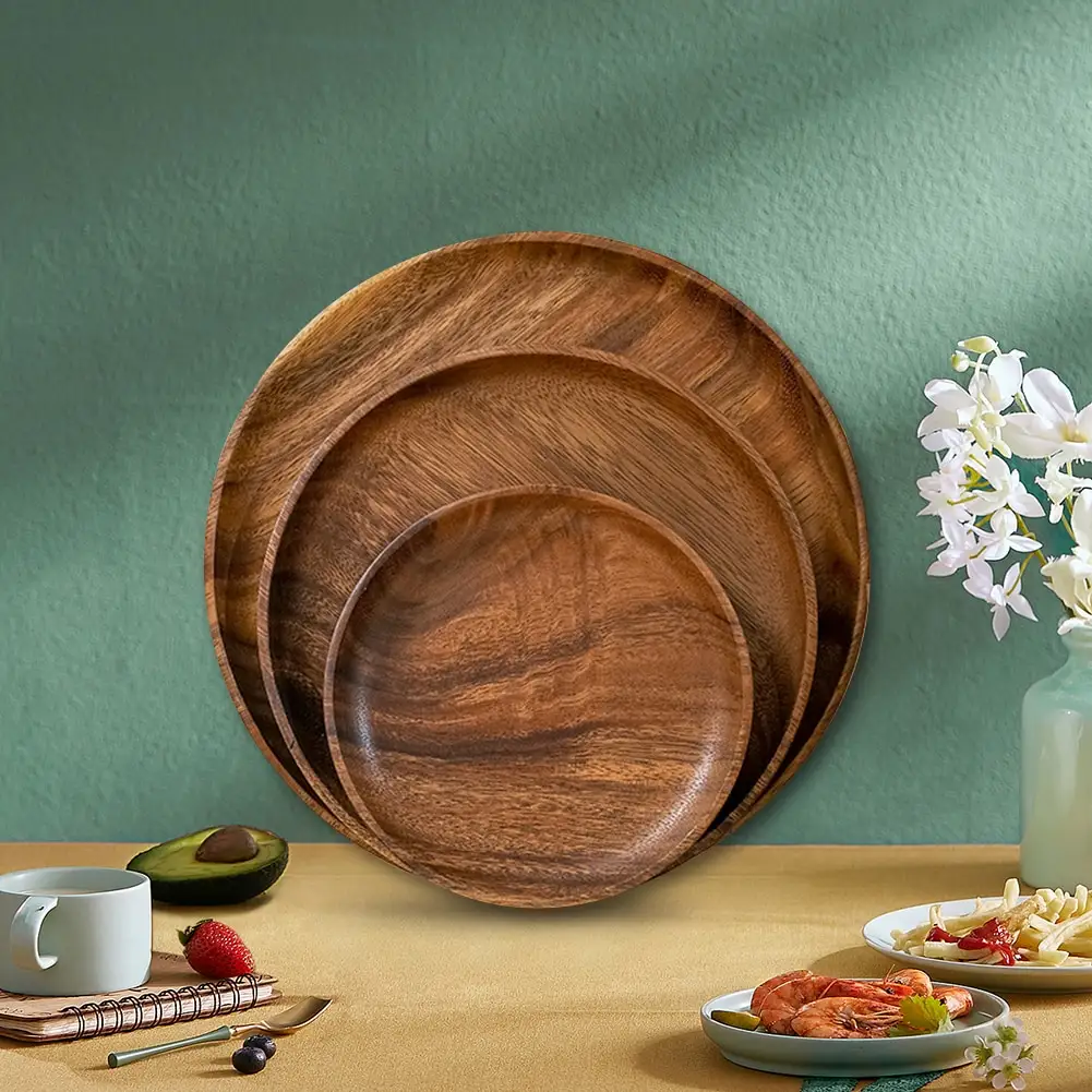 Wholesale Customized Handmade Dessert Solid Black Wooden Dishes Acacia Wood Round Dinner Charger Plates