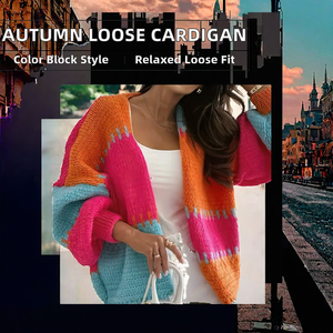 <span class=keywords><strong>Cardigan</strong></span> Autunnale Casual da Donna in Poliestere Traspirante con Blocchi di Colore, Maglione Largo con Maniche a Lanterna - Product Image 2