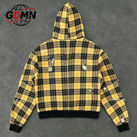 Veste streetwear oversize pour homme, style vintage, à carreaux, zippée, effet vieilli, déchirée, patchwork, bords bruts, logo personnalisé OEM