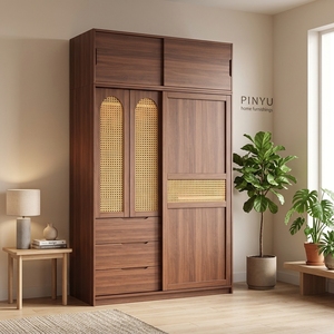Light Oak ConcealedCustom Full Wall Glass <strong>Midcentury</strong> Antique Bedroom <strong>Wardrobe</strong> Left Right Symmetrical Open Garment Storage - Product Image 1