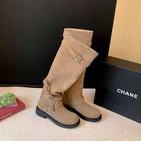 Bottes d'équitation d'hiver en cuir véritable à talon épais, bout rond, hauteur genou