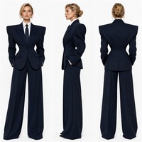 Completo da Donna Blu Navy a Righe con Spalle Strutturate, Blazer a Vita Alta e Pantaloni a Gamba Larga, Elegante per Ufficio, Personalizzabile OEM/ODM