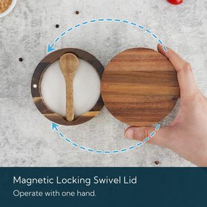 Salero de Madera de Acacia con Cuchara Integrada, Contenedor de Sal para Cocina con Tapa Magnética Giratoria - Product Image 5