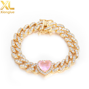 10mm Single Row Cuban Chain Bracelet Iced Out Pink Heart CZ Stone Silver Plated Prong Cuban Link Chain Gift for Women - Product Image 1