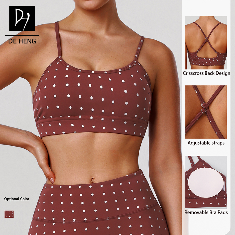 High-Elastic Lady Custom Foil Polka Dots Adjustable Sports Yoga Fitness High Quality Gym Workout Bra With Breast Pads For Women