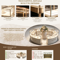 Vitrine de présentation de bijoux haut de gamme, modulaire, ronde, sur mesure, avec bordure en métal doré et vitrine combinée en verre incurvé