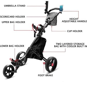 YOLO, superventas de fábrica, ligero, duradero, de aluminio, carrito de empuje para Golf, 3 ruedas, plegable, antideslizante, 100kg, carga máxima, Negro, Rojo - Product Image 6