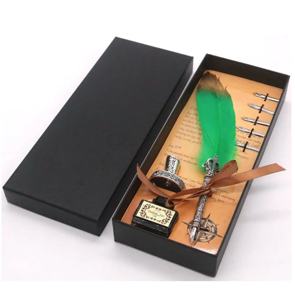 Conjunto de canetas de metal para estudante, caixa de presente dourada de quill, estilo retreat, caneta de mergulho