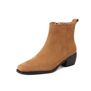 Bottines courtes pour femmes Cialisa en <span class=keywords><strong>daim</strong></span> de vache vintage, hiver 2025, haute qualité, bout carré, fermeture éclair, talons mi-hauts, bottines à la cheville, hauteur accrue - Product Image 5