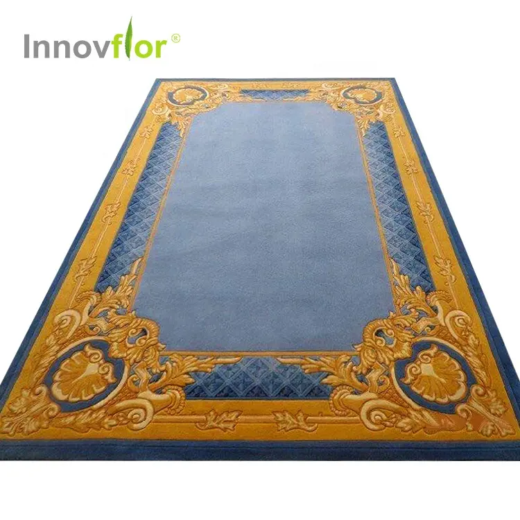 Karpet Biru Royal Ruang Tamu Nilon Dicetak Pola Modern Hotel Karpet Berumbai Tangan India Modern Komersial Wol