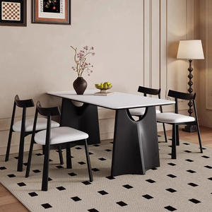 French Retro - Style Solid Wood and Rock Panel <strong>Dining</strong> Table - Black Finish for Home Use <strong>Paired</strong> with Stylish Solid Wood <strong>Chairs</strong> - Product Image 1