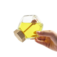 100ml 220ml 380ml Pot à miel Pots à miel en verre hexagonaux plats avec louche en bois et couvercle en liège