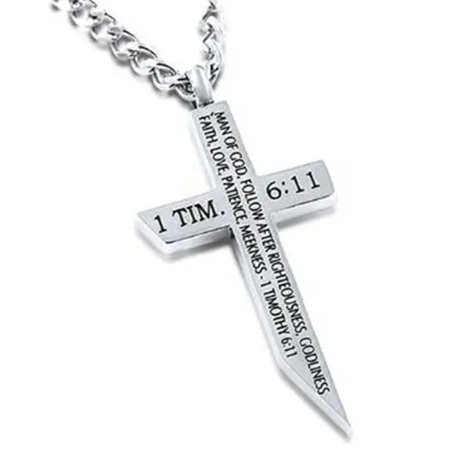 Yiwu Aceon Stainless Steel Newest Plain Fancy Cross Custom Stamped Bible Cross Sword Necklace MAN OF GOD 1 TIMOTHY Pendant