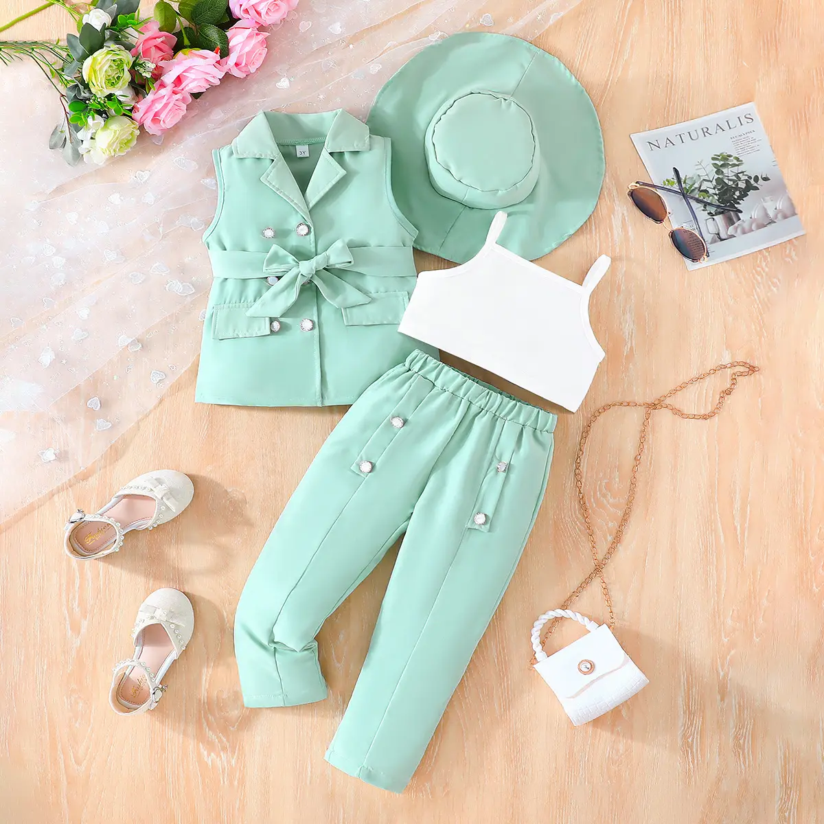 New Arrival Summer Fashion Girls Outfit set Solid Color Sleeveless Blazer Trousers Cotton Vest with hat 4pcs Girls Clothing Sets