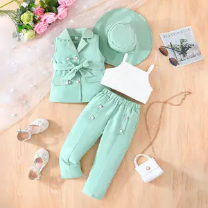 New Arrival Summer Fashion Girls Outfit Set Solid Color Sleeveless Blazer Trousers Cotton Vest With Hat 4pcs Girls Clothing Sets