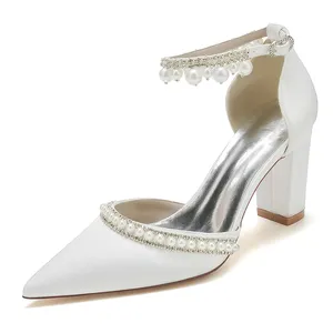 Luxury wedding women shoes pointed toe chunky heel pearl instep belt rhinestone shoes for wedding elegant girls wedding shoes