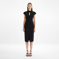 Robe midi moulante noire personnalisée pour femme, style bureau, avec découpe en goutte d'eau, col montant, manches courtes et fente avant
