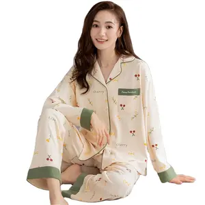 Manufacturer Women's Cotton Soft Plus-size Sleepwear Long Sleeve All Size Full-Length Bottom Women's Pajama Set
