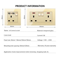 Enchufe Eléctrico Universal USB con Carga Rápida Inteligente Tipo-C de 18W, Estándar del Reino Unido, Interruptor de Luz de Pared de 1-4 Vías, Panel de Vidrio Dorado